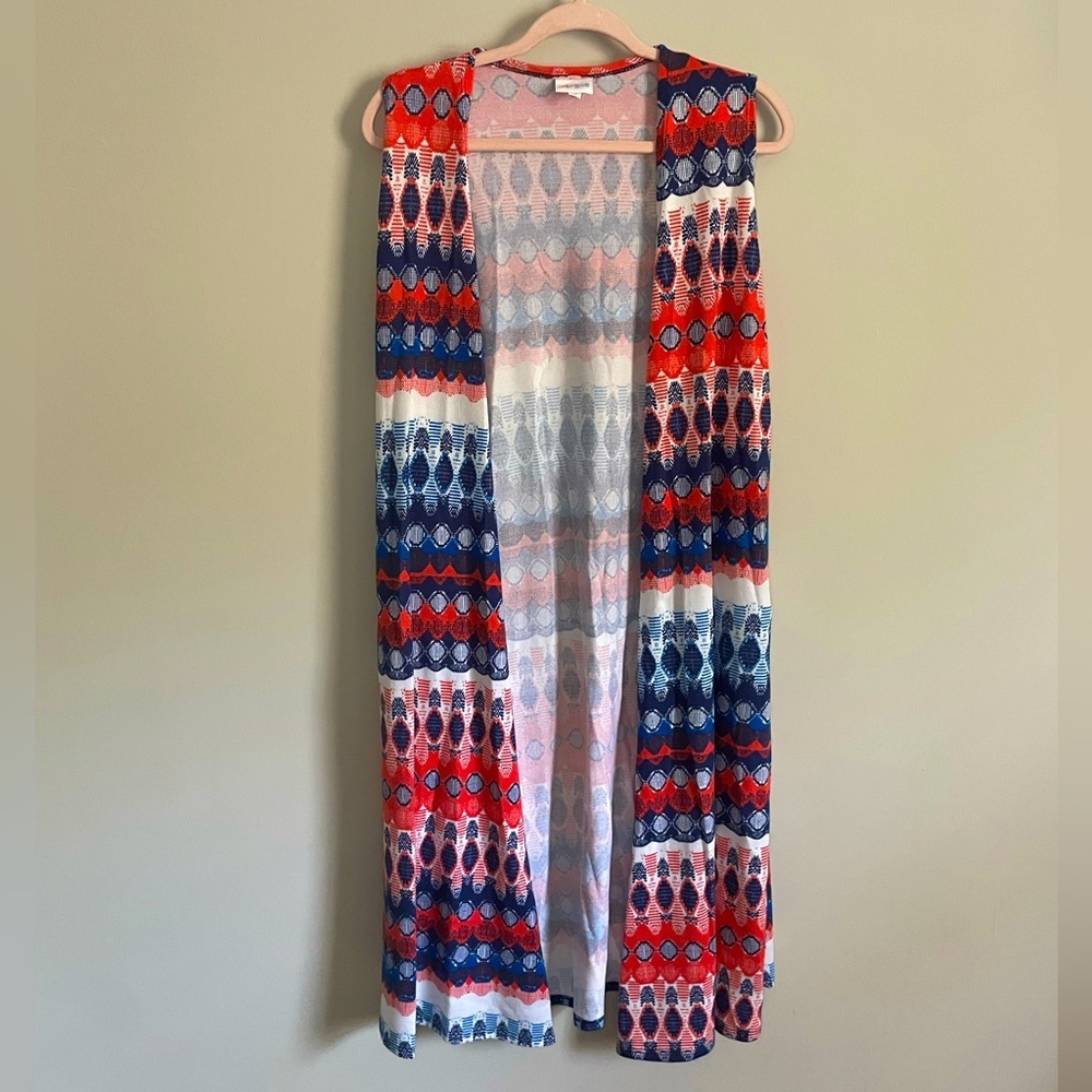 Lularoe Bright Joy Longline Vest Red White Blue America 4th July Independence